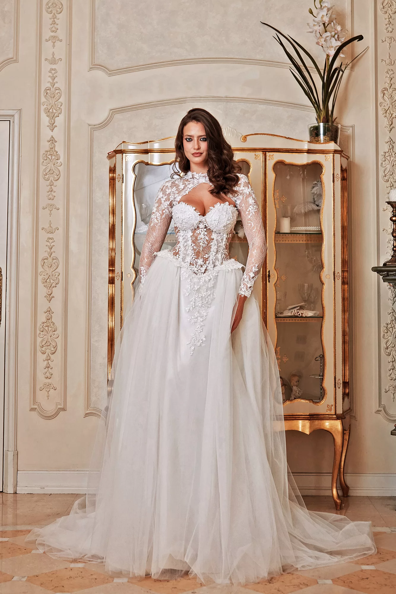 Rochie de mireasa printesa cu maneci din dantela si bolero detasabil Adora Sposa