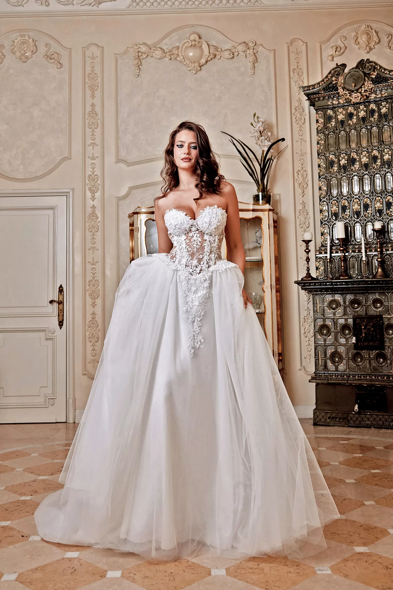 Rochie de mireasa printesa cu maneci din dantela si bolero detasabil Adora Sposa